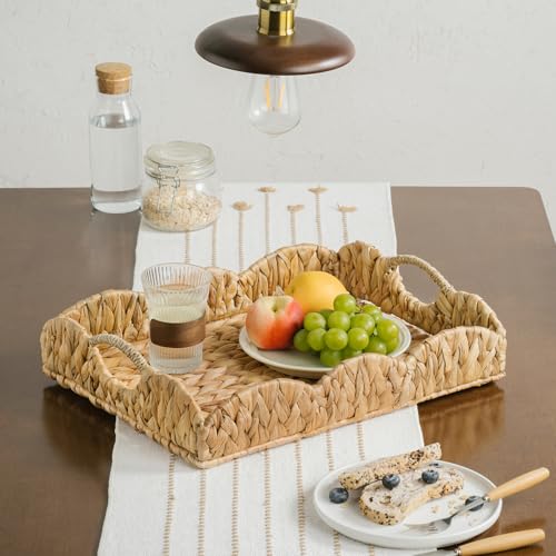 Water Hyacinth Serving Tray, Handwoven Woven Tray with Handles and Scalloped Edge, Rectangle Wicker Basket for Home Decor and Organizing, 17.3" L x 13.4" W x 3.6" H - color: Water Hyacinth-scalloped, size: 17.3" x 13.4" x 3.6"