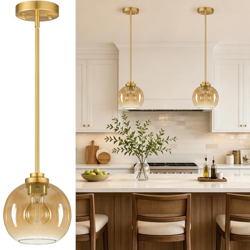 MQMQA 2 Pack Gold Globe Pendant Lights, Mid Century Gold Pendant Light Fixtures, Amber Glass Pendant Lights Kitchen Island Adjustable Hanging Fixture for Dining Room (Bulbs not Included) - color: Brushed Gold + Amber Glass 2 Pack