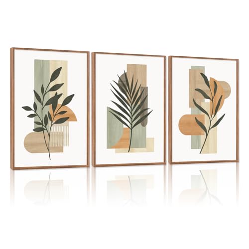 CHDITB Neutral Botanical Framed Canvas Wall Art, Boho Minimalist Leaf Wall Decor, Abstract Geometric Nature Plant Wall Painting, Sage Green Terracotta Art Prints for Bedroom Living Room 12”X16”X3 - color: Leaves