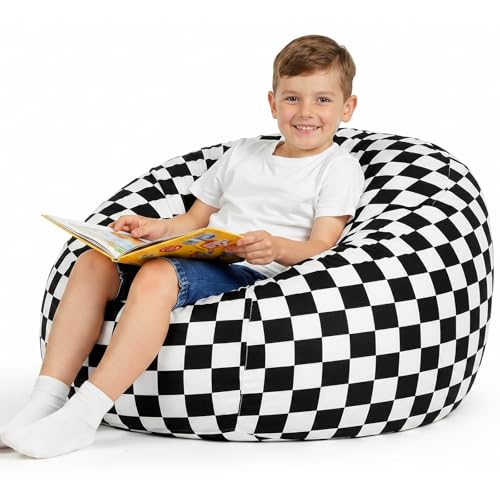 Boao 27'' Large Car Racing Kids Bean Bag Chairs Cover (No Filling) Washable Stuffed Animal Storage Beanbag Chair for Kids Canvas Bean Bag Cover with Zipper for Boys Organizing Plush Toys Textile Sack - color: Racing Flag, size: 27 Inches