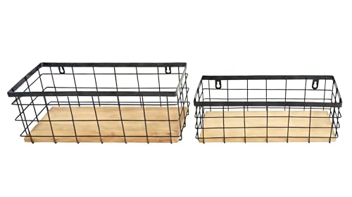 ShabbyDecor Metal Wire Basket Detachable Wood Base Storage Organizer Farmhouse Hanging Basket for Kitchen Cabinets, Bathroom, Pantry, Laundry Room Set of 2,Black Color - color: Black, size: Medium&Large