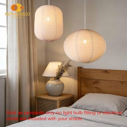 METHEDEECO 2-Piece Hanging Lamp Shade Set, 1 Oval 20x15 in + 1 Cylinder 13.5x17 in, Faux Linen Fabric Pendant Light Shades, Foldable Minimalist Pendant Lantern Shades, Nature Beige, Shades Only