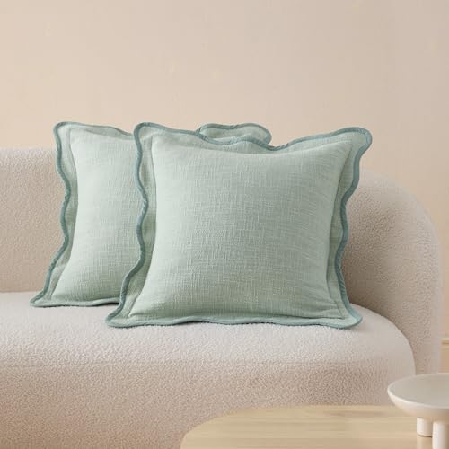Double Stitch Scalloped Throw Pillow Covers - 100% Cotton Set of 2 Decorative Boho Pillow Covers 20 x 20 Inch, Made in India, Square Cushion Case, Modern Home Decor for Couch Sofa, Green Forest - color: Green Forest, size: 20" x 20" (Pack of 2)