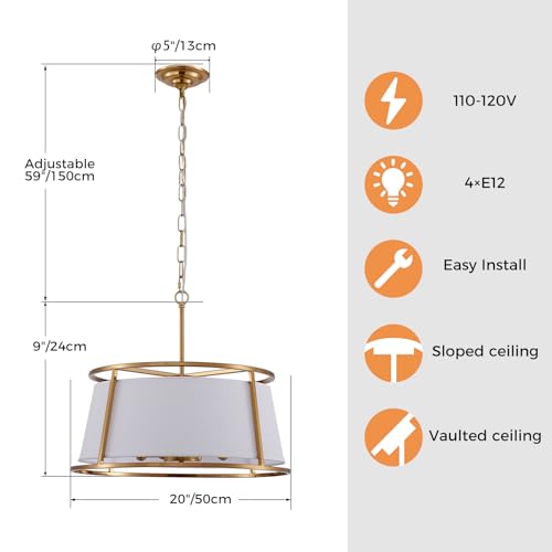 Shrine Lighting Drum Chandeliers, Modern Style, Perfect Pendant Light Fixture for Dining Room, Living Room, D20'' x H9'', Adjustable Chains 59'', E12*4 Sockets, White Lampshade & Brass Finish Frame - color: Brass D19.7''