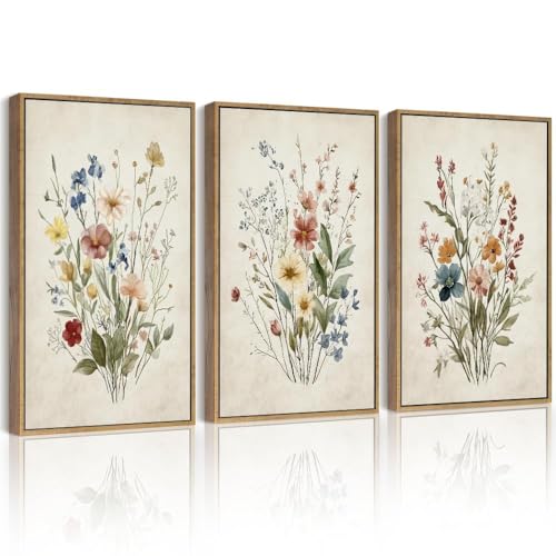 Drsoum Vintage Flower Bouquet Framed Retro Wildflower Botanical Pictures Prints Modern Colorful Floral Rustic Artwork Bedroom Living Room Ready to Hang 11x14in Natural Framed - color: Green Plants Prints, size: 14L" x 11W", Natural Framed