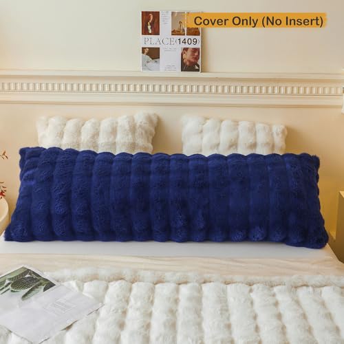 LIFEREVO Fluffy Faux Rabbit Fur Body Pillow Cover, Luxury Bubble Waffle Shaggy Plush Bed Pillowcase with Zipper Closure, Royal Long 20"x54" Fuzzy Furry Pillow Case for Adults Kids Girls, Navy Blue - color: Navy Blue