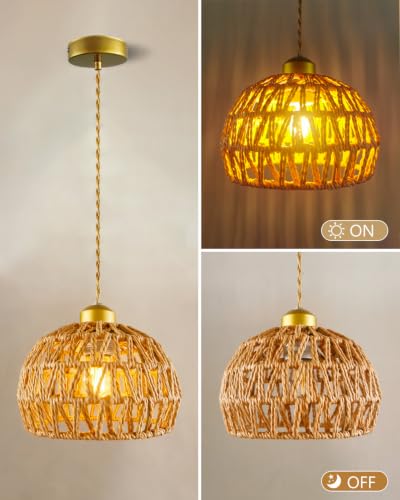 Rattan Pendant Light Fixtures, 7.6” Boho Woven Basket Pendant Light, Handmade Wicker Hanging Lamp, Rustic Wicker Chandelier for Kitchen Island, Dining Room, Living Room, Bedroom, E26 Base - color: 7.67″-Round