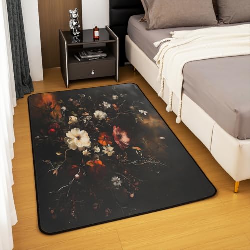 Erosebridal Vintage Floral Area Rug 6'6" x 4'11" Dark Flower Living Room Rugs Retro Botonical Fall Decorative Carpet Vintage Aesthetic Indoor Floor Mat - color: Black White Red, size: 4'11" x 6'6" (Rectangular)