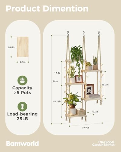 Bamworld Hanging Shelves with Grow Light Plant Hanger Indoor Window Plant Shelves Wood Plant Wall Shelf Window Sill Plant Shelf Indoor Hanging Plant Stand Living Room Decor Garden Boho Decor - size: 5Tier,light