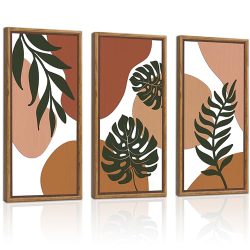 KAIRNE Boho Tropical Wooden Wall Art Set,Botanical Palm Leaf Wood Decor,Farmhouse Geometric Hanging Decor Set of 3(8X16),Framed Minimalist Nature Bohemian Wood Art For Living Room Bedroom Office Decoration, - color: Abstract Botanical Wooden Wall Art, siz