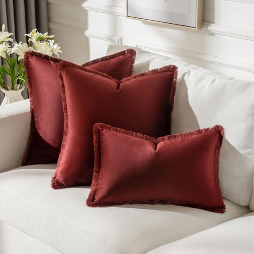 FUTEI Burgundy Velvet Decorative Throw Pillow Covers 20x20 Set of 2,Soft Cozy Edge with Tassels Cushion Case,Boho Modern Home Decor for Couch Bed Living Room - color: Burgundy, size: 20" x 20" (Pack of 2)