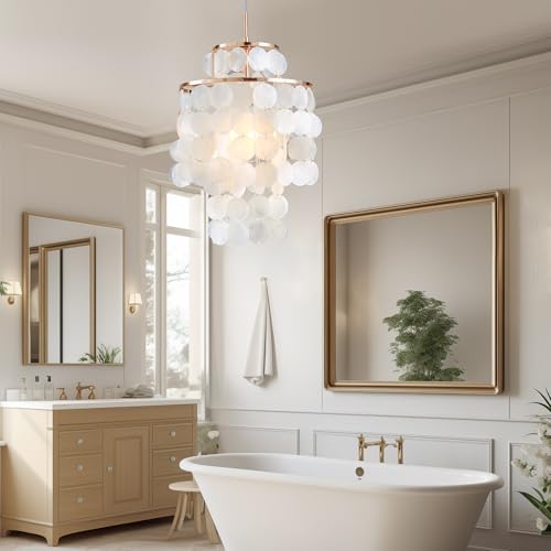 Mini Chandelier Capiz Shell Dinning Room Chandeliers 11" Ceiling Light Polished Gold Finish Flush Mount Mordern Pendant Light for Kitchen,Living Room,Bathroom,Bedroom,Dimmable Led Bulb Included - size: 11 inch mini