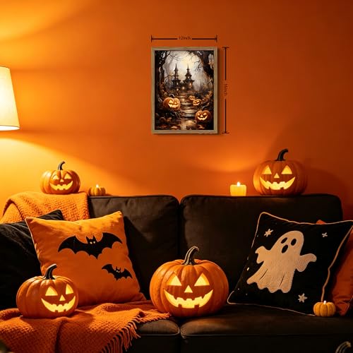 Framed Vintage Halloween Wall Art - Spooky Haunted House Canvas Print, Gothic Halloween Wall Decor, Fall Pumpkin Picture Painting for Living Room Bedroom Home, 12x16in Wood Frame - color: Magic Castle, size: 16"L x 12"W