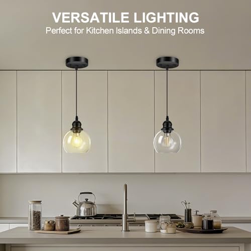 Pendant Lights Kitchen Island, Black Pendant Light with Glass Lampshade, 71 Inch Adjustable Hanging Lamp for Kitchen Living Room, Modern Farmhouse Industrial Ceiling Lighting Fixture(E26 Base,No Bulb) - size: 1Light - D 5.91 IN