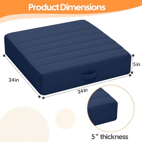 MeMoreCool Square Floor Pillows for Adults Kids, 2 Sets Large Meditation Cushion with 5" Thick Foam and Washable Tufted Cover, 24 Inch Navy Seat Floor Cushions for Sitting and Yoga - color: Navy Blue, size: 24 Inch