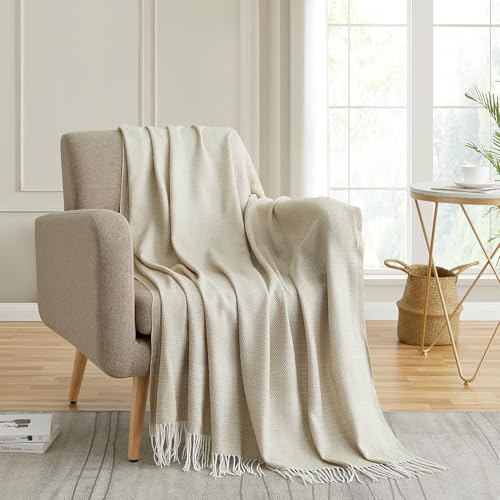 BOURINA Throw Blanket Decorative Faux Cashmere Fringe Lightweight Throw Soft Cozy for Bed or Sofa Outdoor Blanket, 50" x 60" Beige - color: Beige, size: 50"x60"