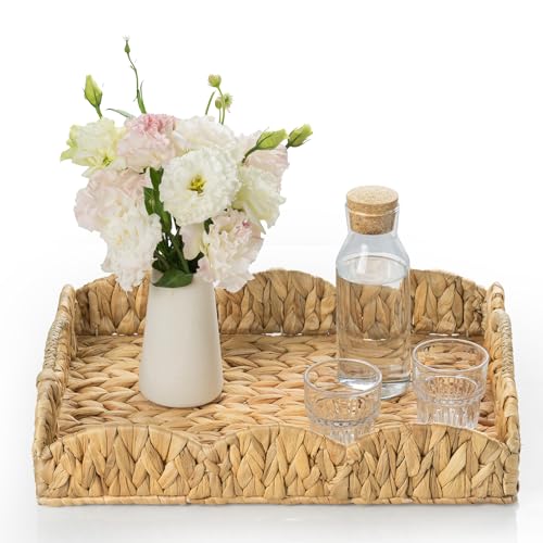 Water Hyacinth Serving Tray, Handwoven Woven Tray with Handles and Scalloped Edge, Rectangle Wicker Basket for Home Decor and Organizing, 17.3" L x 13.4" W x 3.6" H - color: Water Hyacinth-scalloped, size: 17.3" x 13.4" x 3.6"