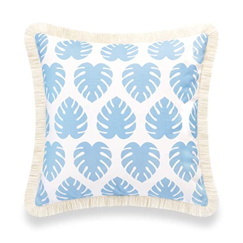 Hofdeco Premium Coastal Hampton Style Patio Indoor Outdoor Pillow Cover Only, 20"x20" Water Resistant for Backyard, Couch, Baby Blue Monstera Leaf Fringe - color: Baby Blue Monstera Leaf, size: 20" x 20" (Pack of 1)