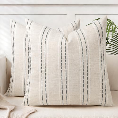 AELS 22x22 Decorative Farmhouse Linen Blend Throw Pillow Covers, Boho Textured Pillow Case, Set of 2, Beige with White & Gray Stitch Yarn Dyed Stripe Cushion Cover for Sofa Living Room (Cover ON - color: Beige With White & Gray, size: 22" x 22" (Pack of 2