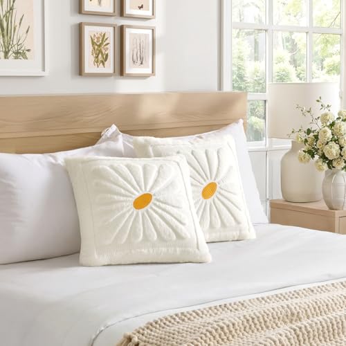 EMEMA Set of 2 Spring Summer Sunflower Floral Pillow Covers, Plush Faux Fur Decorative 18x18 Cushion Cases Adding a Soft, Bright Seasonal Accent to Sofa Couch Bed Modern Farmhouse Living Room, White - color: White, size: 18" x 18" (Pack of 2)