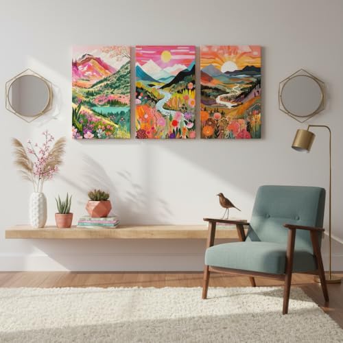 3Pcs Colorful Watercolor Mountain Canvas Wall Art Boho Floral Painting Picture Wall Decor Abstract Nature Landscape Poster Print Artwork for Living Room Bedroom Bathroom Office Home Decoration 12x16in - color: Colorful Mountain Canvas, size: 12x16 in