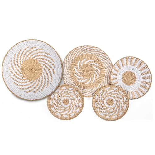 Crafts Central Boho Wall Basket Decor with Included Wall Hooks – Rattan Hand Crafted Wall Art - Bohemian Rustic Home Décor for Kitchen, Living Room, and Bedroom - Set of 5 Woven Baskets