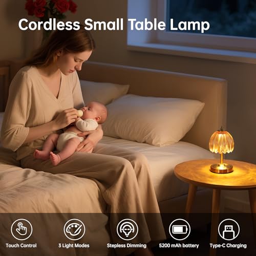 Shenmoyl Tulip Small Table Lamp, 5200mAh Cordless Touch Control Mini Table Lamp with 3 Color Temps & Stepless Dimming, Perfect for Small Spaces Like Dressers, Bedsides, Bookshelves (Amber Tulip) - color: Amber Small, size: 1 Pack