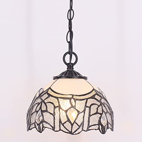 Small Tiffany Pendant Light 8 inch Tiffany Style Stained Glass Pendant Hanging Lamp Small Vintage Hanging Light Fixtures for Home Living Room Restaurant Hallway (White Bending Crtystal Style) - color: White Bending Style