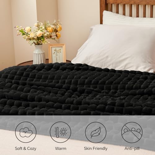 BEDELITE Black Blanket Queen Size for Bed- Super Soft Lightweight 3D Checkered Fluffy Fuzzy Fleece Blanket, Luxurious Cozy Blanket for Room Home Decor, Gift for Women, 90x90 inches - color: Black, size: Queen(90"x90")