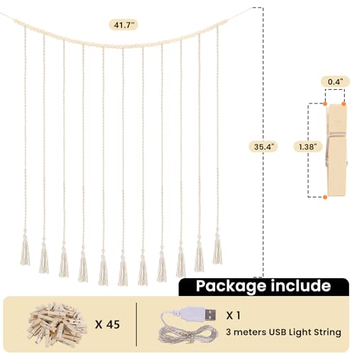 Macrame Hanging Photo Display Boho Wall Decor with String Lights Wooden Beads Garland Picture Frame Collage Holder with 45 Clips for Room, Bedroom, Dorm, Christmas Teenage Teen Girl Gifts (Beige, Large) - size: Large