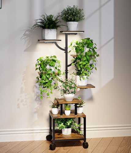 Plant Stand Indoor with Grow Lights - 7-Tier Plant Stand with Wheels, Tall Metal and Wood Indoor Plant Shelf with Tree Design, Rolling Flower Pot Holder Rack with Waterproof Finish, Adjustable Display Stand for Home Garden, Patio, 41" Tall - size: 41in