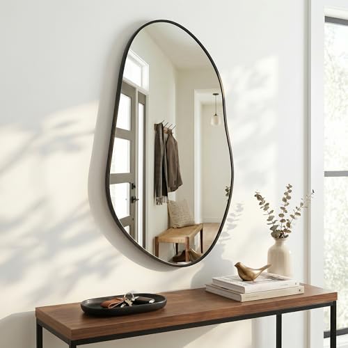 Large Irregular Wall Mirror 38" x 20", Asymmetrical Black Bathroom Vanity Mirror with Matte Aluminum Frame and Tempered Glass, Organic Shape Decor for Entryway and Living Room - color: Black, size: 38"L x 20"W