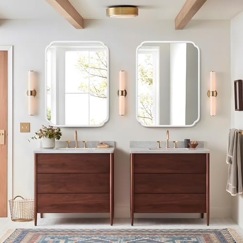 Ferytange White Bathroom Vanity Mirror for Over Sink 30" x 40" Modern Rounded Corner Rectangle Wall Mirror Decorative with Non-Rusting Iron Metal Framed (Horizontal/Vertical) - color: White, size: 40"L x 30"W