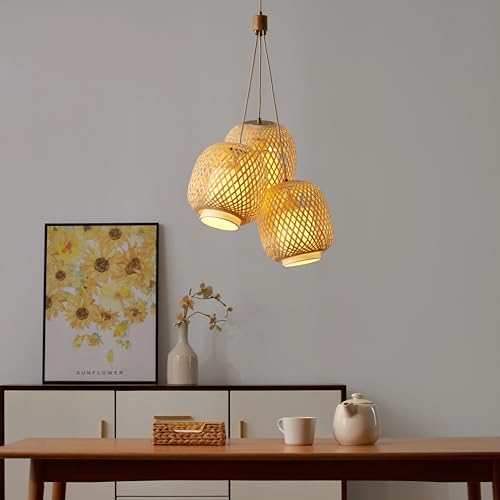 FOS - Modern Bohemian 3-Light Cluster Pendant in Brushed Brass with Woven Bamboo Spherical Shades, 78 in. Cord for Dining Table, Kitchen, Coffee Table, Nursery, Bedroom, Living Room - color: Fos - 3 Light