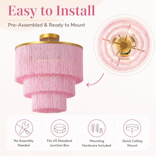3-Tiered Pink Chandelier,3 Lights Boho Fringe Pendant Light Fixture,Tassle Chandelier for entryway,Dining Room,Baby Nursery,Gold and Pink - color: 3-Tiered-Pink