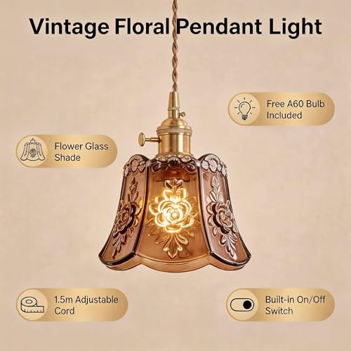 Amber Wind Chime Glass Pendant Light, 2 Natural Light Bulbs Included, Adjustable Cord with Switch, Hanging Lamp for Kitchen Island/Dining Room - color: Amber 2pcs Flower Pendant Light