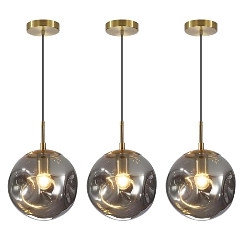 Modern Smoke Gray Concave Glass Pendant Light, 3-Pack Kitchen Island Lighting Single Globe Pendant Light Fixtures Century Kitchen Island Pendant Light for Bedroom Dining Room Light (Without Bulbs) - color: AX-Smoky Gray-1 Light-3PC