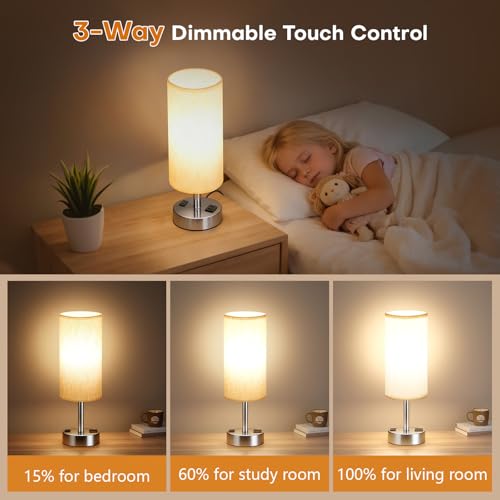MOICO Bedside Table Lamp for Bedroom, 3-Way Dimmable Nightstand Lamp with USB C, USB A Ports & AC Outlet, Small Table Lamp Fabric Shade for Living Room Dorm Office, LED Bulb Included (14in Silver) - color: Silver