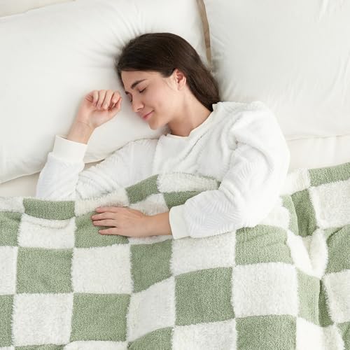 Snuggle Sac Faux Fur Checkered Blanket Twin Size with Soft Knitted Microfiber,Cozy Soft Warm Blanket for Sofa Bedroom Living Room,St Patricks Day Gift,Sage Green Checker,60x80 inches - color: Green White, size: Twin(60"x80")