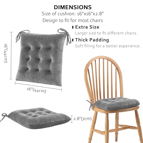 ELFJOY 4 Pack Chair Cushions for Dining Chairs Chair Pads Cushion for Kitchen Office Tufted Square Seat Cushion with Ties (16" Grey Velvet) - color: Grey