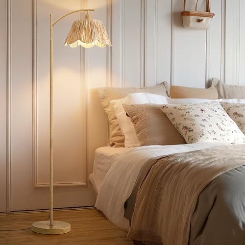 Oneach Arc Floor Lamp for Living Room with 3 Color Temperatures, Rattan Boho Floor Lamp with Remote & Dimmable Bulb, Farmhouse Floor Lamps Suitable for Bedroom, Study(Light Woodgrain) - color: Wood Brown