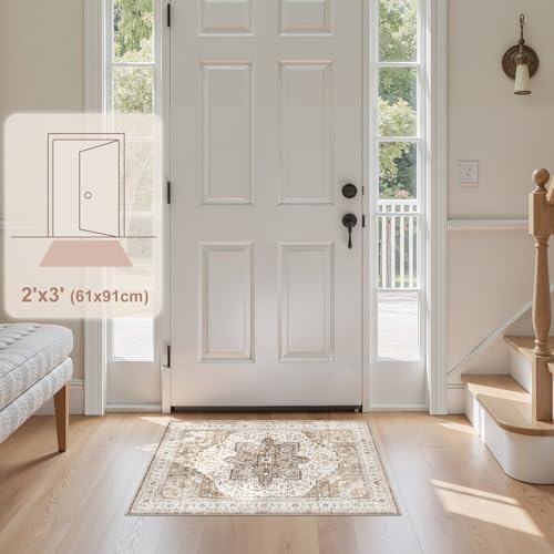 Tortania Area Rug 2x3 Doormat - Washable Vintage Oriental Farmhouse Soft Thin Indoor Carpet for Living Room Bedroom Hallway Entryway Kitchen - Brown - color: Brown, size: 2' x 3' (Rectangular)