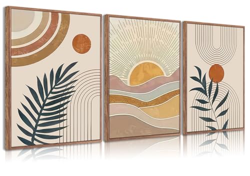 3Pcs Framed Boho Abstract Wall Art Orange Rainbow Sun Desert Minimalist Picture Mid-Century Modern Poster Prints Neutral Botanical Geometric Canvas Painting Wall Decor for Living Room 24L" x 16W" - color: Framed, size: 24L" x 16W"