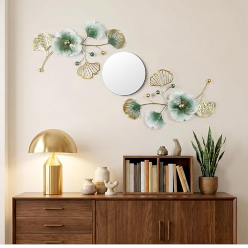Tandefio 3 Pcs Metal Decorative Wall Mirrors for Living Room Metal Ginkgo Leaf Mirror Modern Creative Wall Decor Art Hanging Decor Mirror for Entrance Bedroom Living Room (Gold Green,16.inches) - color: Gold Green