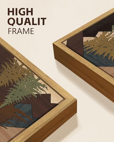 KUVIOKE Morden Mountains Framed Wall Art Boho Pine Tree Forest Nature Landscape Artwork Bohemain Farmhouse Rustic Bedroom Living Home Decor 11x14in (Natural Framed) - color: Wooden Mountain Sunrise, size: 11 x 14in x 3 Panels Natural