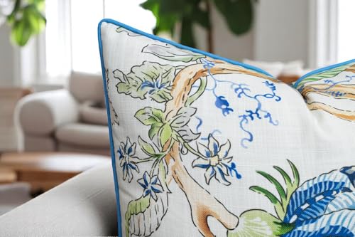 VAGMINE Chinoiserie Floral 20x20 Inch Throw Pillow Cover - Blue Green Botanical Print On Textured Polyester - Cushion Case for Couch Sofa - Grandmillennial Decor - Reuben - color: Reuben Floral, size: 20" x 20" (Pack of 1)