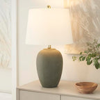 Nourison Home 23" Olive Green Ceramic Pot Table Lamp for Bedroom, Living Room, Dining Office, with White Tapered Drum Shade - color: Dark Green, size: 1 Lamp - Drum Shade