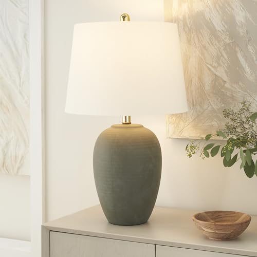 Nourison Home 23" Olive Green Ceramic Pot Table Lamp for Bedroom, Living Room, Dining Office, with White Tapered Drum Shade - color: Dark Green, size: 1 Lamp - Drum Shade