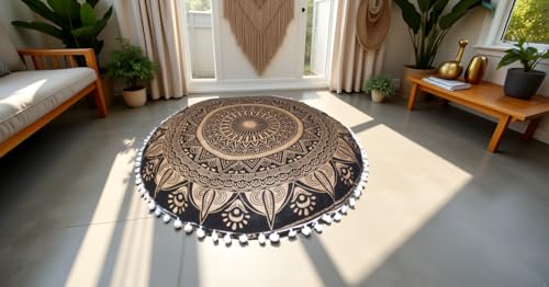 Round Mandala Floor Pillow Cover Seating Cushion Throw Cover Hippie Decorative Bohemian Ottoman Pouf Cover, Pom Pom Pillow Cases,Boho Indian 32 Inches Black Golden - color: Golden, size: 32" Round