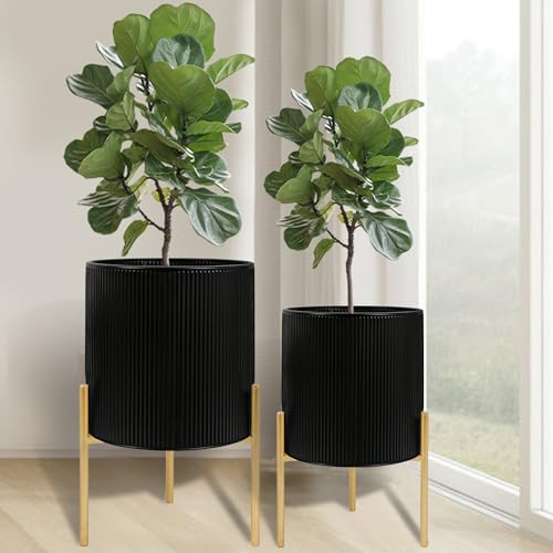 ARNIS Modern Plant Pots, Set of 2 Round Large Planters with Stand, Large Size Metal Pots with Drainage Holes for Living Room, Office, Garden or Balcony, 10.5 &12.25 Inch, Black & Gold - color: Black, size: 10.5 &12.25